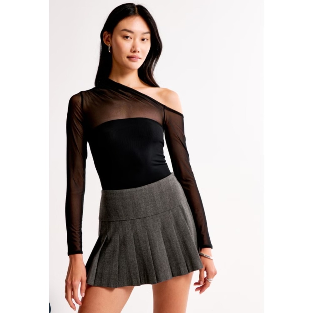 Abercrombie & Fitch Long-Sleeve Asymmetrical Draped Mesh Bodysuit Black M Y2K